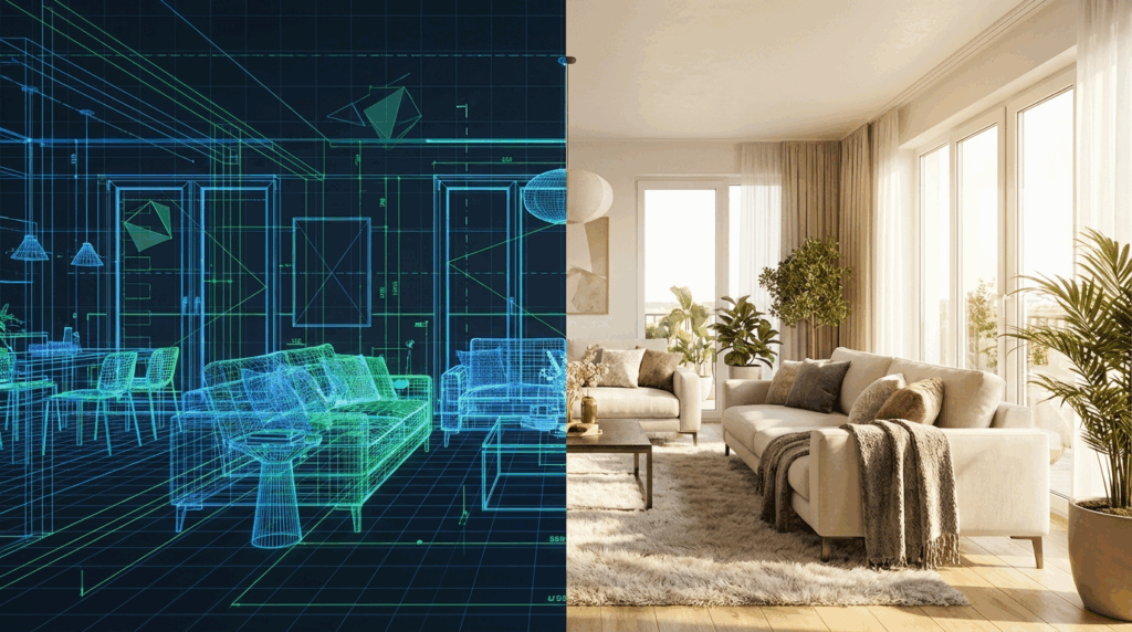 traditional CAD 3d modeling vs modern ai interior design tool rendering